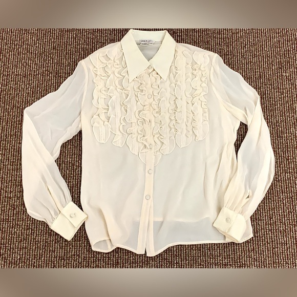 Women's 10 Vtg Ivory Cream 100% Silk Ruffled Bib Zola Evening Top Shirt Blouse - Picture 15 of 16